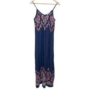 Karen Kane Embroidered Maxi Dress Navy Womens Small Boho Artsy Wearable Art